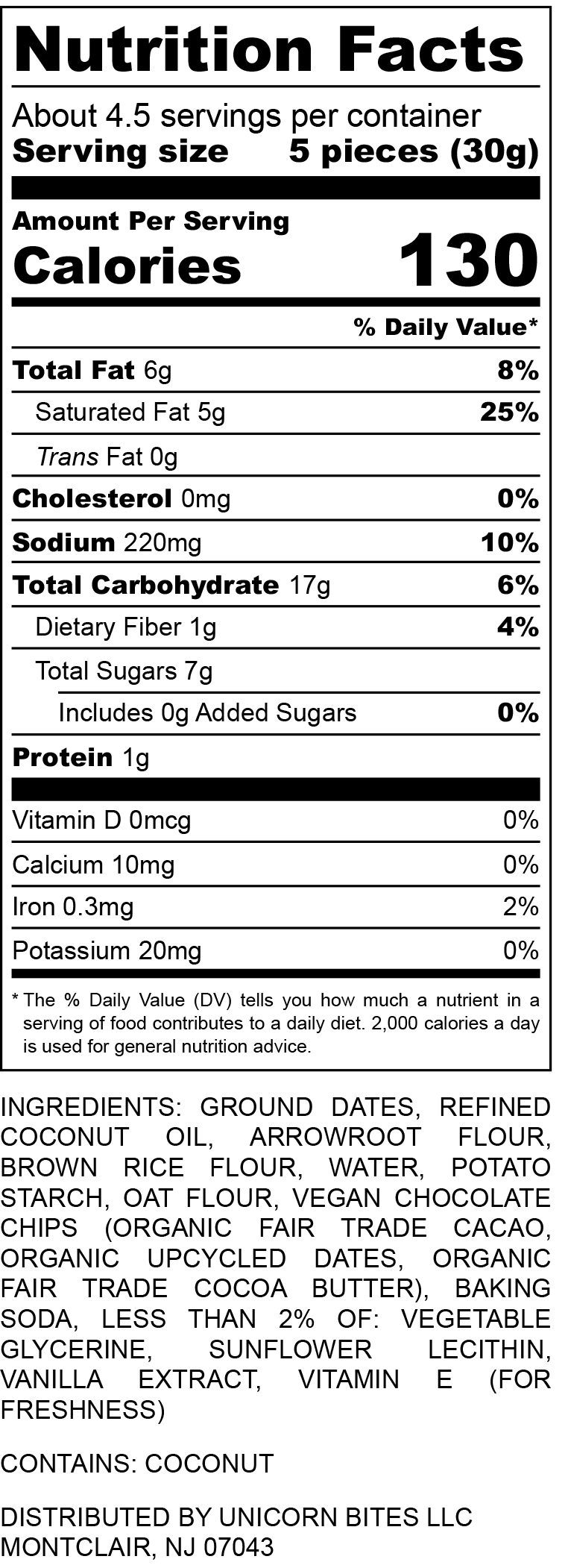 A white nutrition facts label for "Unicorn Bites" cookies. It states "About 4.5 servings per container," with a "Serving size" of "5 pieces (30g)" and "130 Calories" per serving. Key nutritional values include "Total Fat 6g (8% Daily Value)," "Saturated Fat 5g (25% Daily Value)," "Sodium 220mg (10% Daily Value)," "Total Carbohydrate 17g (6% Daily Value)," "Total Sugars 7g (0g Added Sugars)," and "Protein 1g."