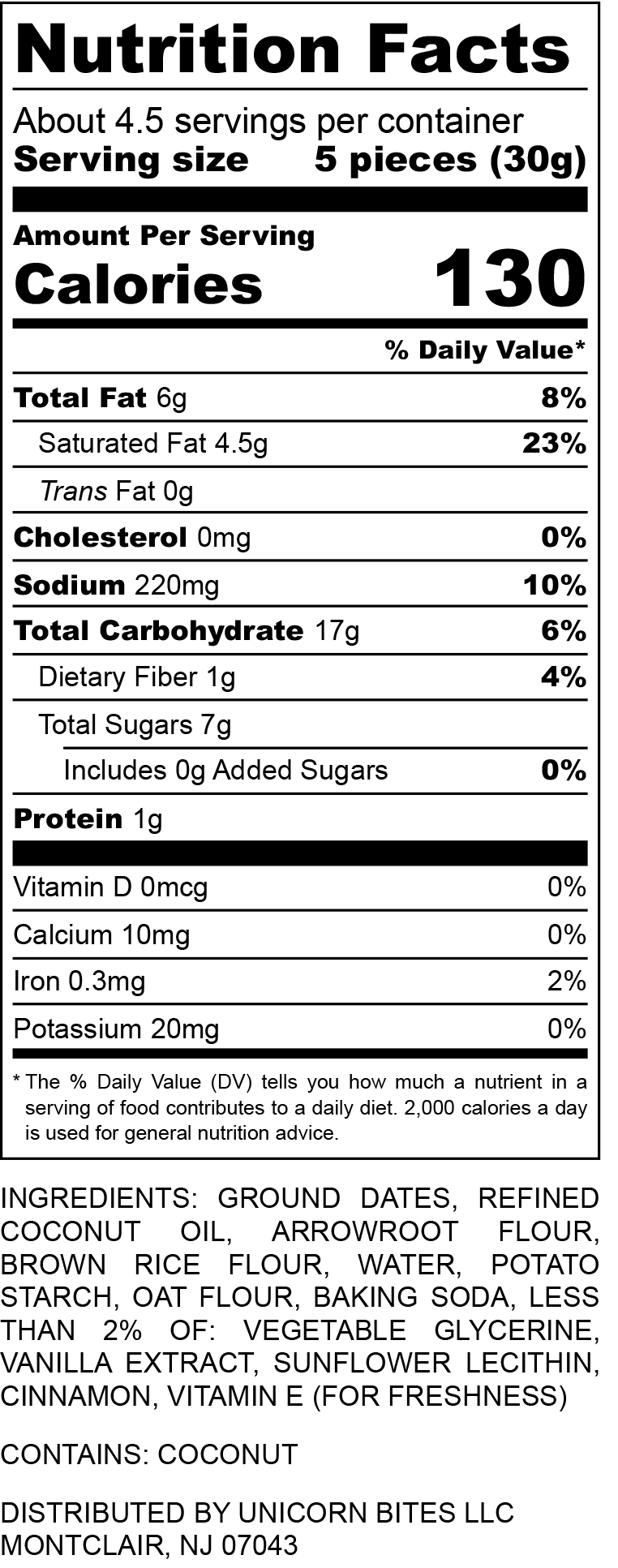 A white nutrition facts label for "Unicorn Bites" cookies. It states "About 4.5 servings per container," with a "Serving size" of "5 pieces (30g)" and "130 Calories" per serving. Key nutritional values include "Total Fat 6g (8% Daily Value)," "Saturated Fat 4.5g (23% Daily Value)," "Sodium 220mg (10% Daily Value)," "Total Carbohydrate 17g (6% Daily Value)," "Total Sugars 7g (0g Added Sugars)," and "Protein 1g."
