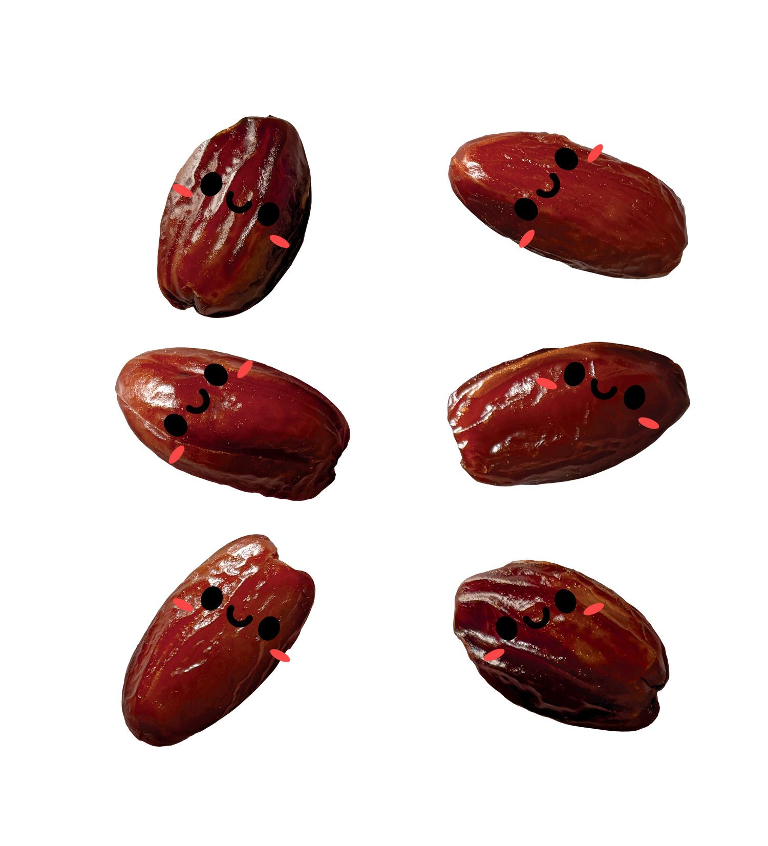 Six plump, dark reddish-brown dates are arranged on a bright background. Each date has been digitally augmented with a cute, smiling cartoon face, featuring two black dots for eyes and a small curved line for a mouth, along with two small, pink blush marks on each side. The dates are scattered randomly across the frame.