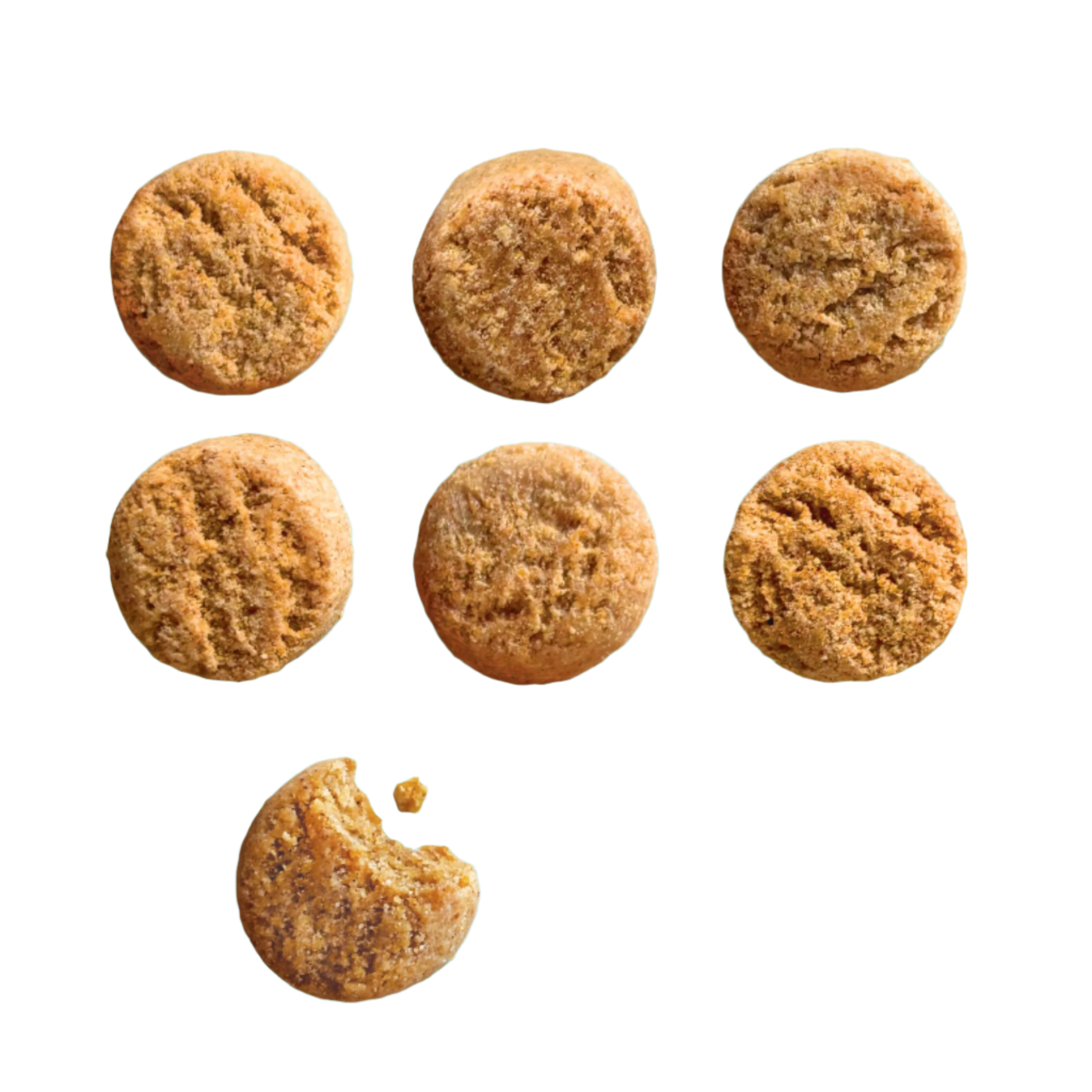 Seven golden-brown, bite-sized snickerdoodle cookies are arranged on a bright background. Six cookies are whole and positioned in two rows of three. The seventh cookie, located below the others and slightly to the left, has a bite taken out of it, revealing its textured interior.
