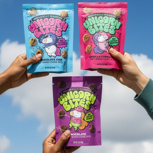 Three colorful packages of 'Unicorn Bites' against a blue sky background