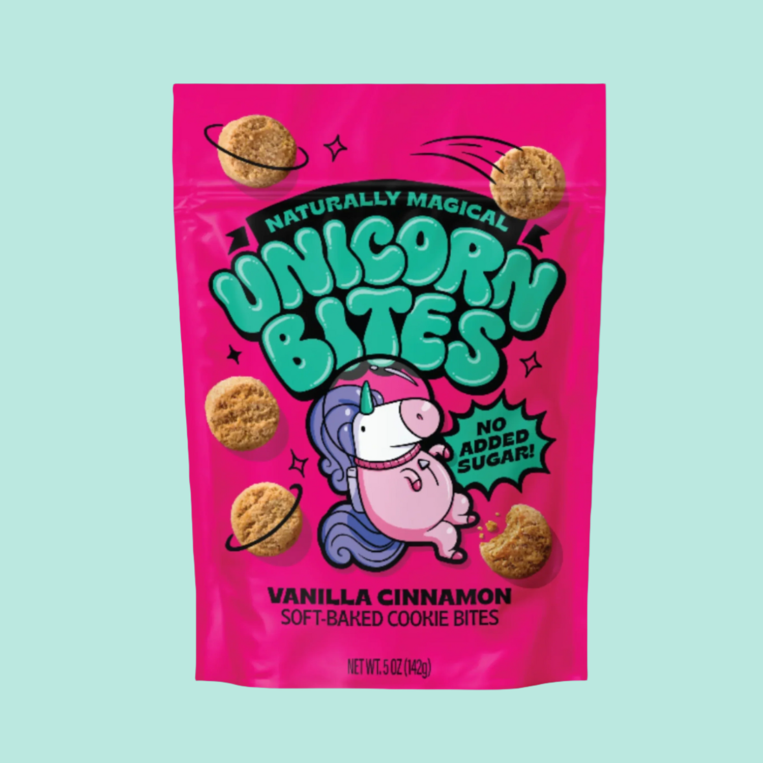 Packaging of Unicorn Bites Snickerdoodle Soft Baked Cookie Bites displaying the product name, a cartoon unicorn, and cookies on a pink background with an exclamation of NO SUGAR ADDED!